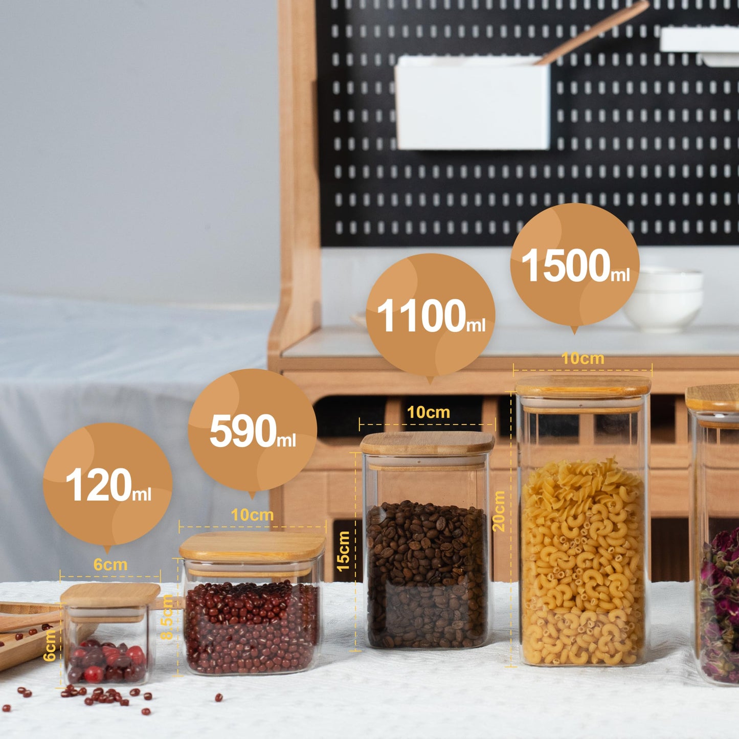 D2scrma 22oz Airtight Square Spice Containers with Bamboo Lid Set of 6 (650ml) Kitchen Pantry Organization Jar Stackable Spice Jar, for Sugar, Tea, Cookies and Coffee beans (with Black Lable)