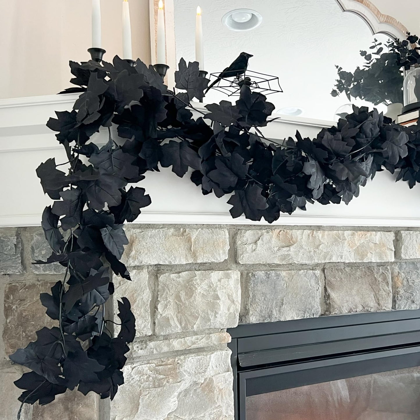 CQURE 8 Pack Black Fall Leaf Garland,Total 35.4Ft Halloween Garland Hanging Vines Artificial Fall Maple Leaves Thanksgiving Decor for Home Wedding Fireplace Christmas