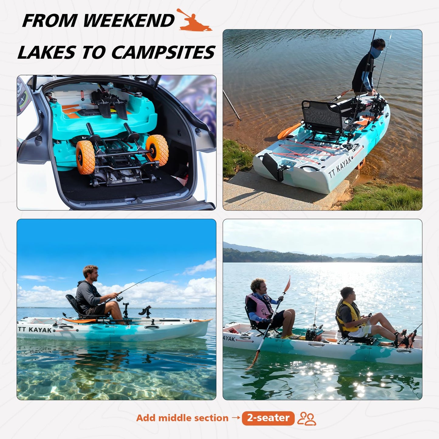 Modular Fishing Kayak with Cart & Paddle, 573 lbs Capacity, 110" Sit-on-Top Kayak, 360° Swivel Seat, 2-Piece Portable Design Fits SUV/Pickup/Van, for Ocean, Lake & River (1-Person Kayak)