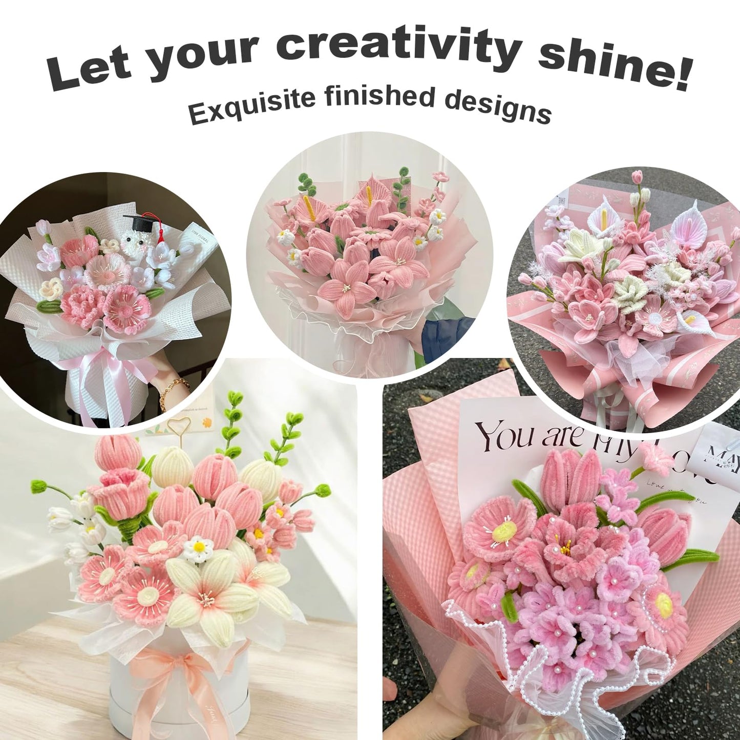 YONOVO 500 Pcs Pink Pipe Cleaner Flower Kit - Complete Set for DIY Flower Making, 8mm Thick 12 Inches Pastel Chenille Stems with Hot Glue Gun and Tutorials for Teens and Adults