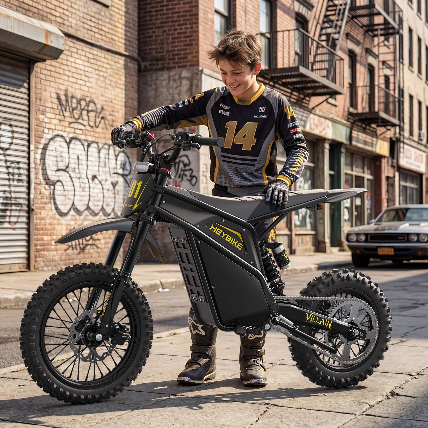 Heybike Villain Electric Dirt Bike, 4160W E Dirt Bike with 52V 26AH Battery, 14"/12" Fat Tire Electric Motorcycle for Teens, Max 45MPH Ebike with Reversing Function(Standard; Inky Black)
