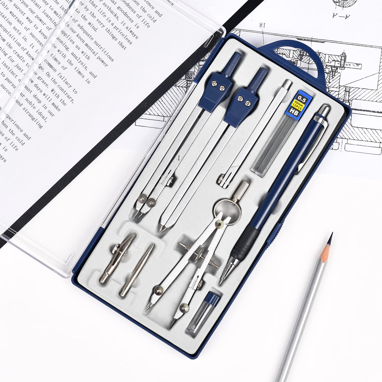 Unjoo 9Pcs Precision Geometry Set Metal Compass, Geometry Tool Tool Set with Shatterproof Storage Box, Circle Drafting Tool and Architecture, Drafting Kits for Engineers Students(Blue)