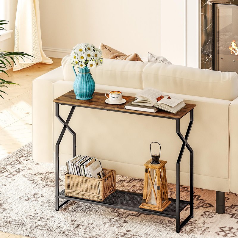 MAHANCRIS 2 Tier Console Table, Sofa Table, Narrow Entryway Table, Hallway Entrance Table, Hourglass-Shaped Frames, Adjustable Feet, for Entrance, Living Room, Hallway, Rustic Brown CTHR21301