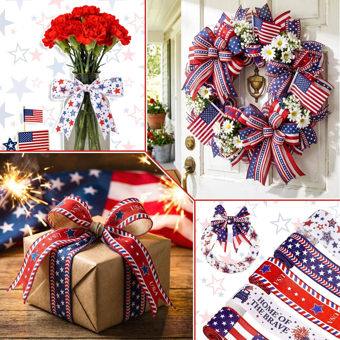 Whaline 5 Rolls Patriotic Ribbon 4th of July Stars and Stripes Burlap Wired Edge Ribbon 25 Yards American Flag Craft Ribbons for Independence Day 250th Anniversary DIY Wreath Bow Gift Wrapping