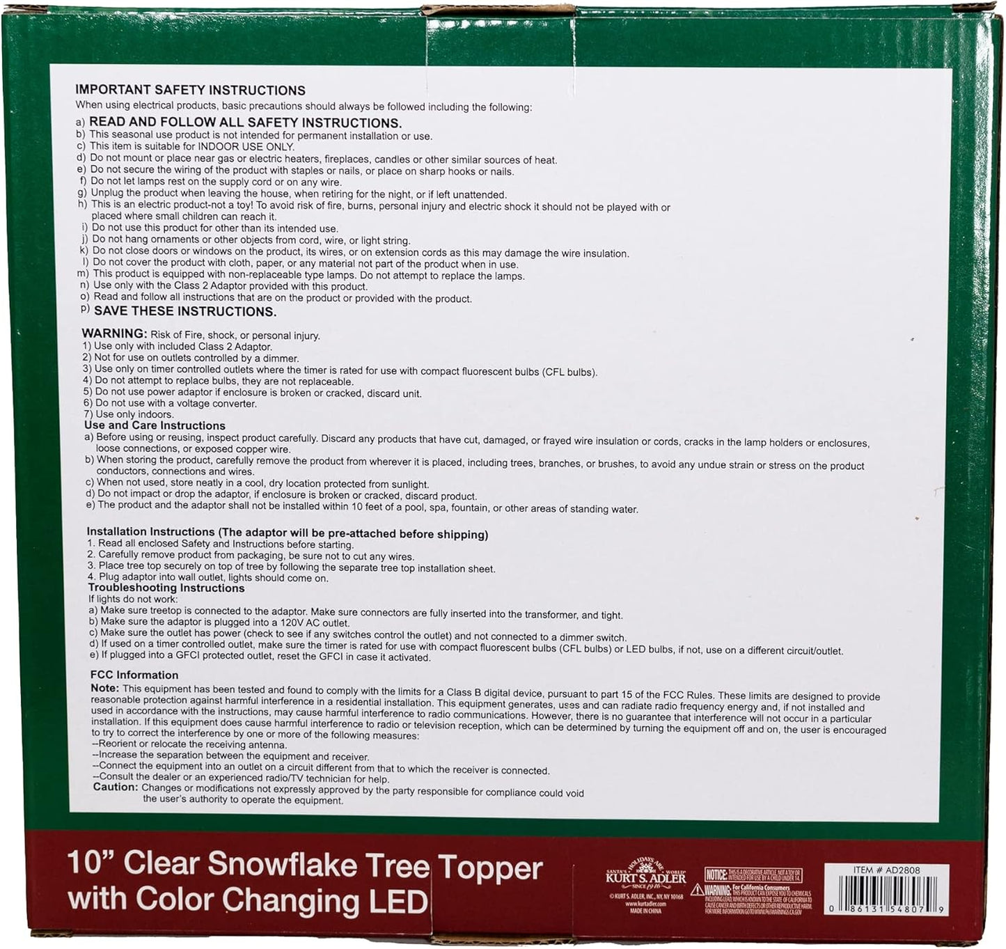 Kurt Adler 20-Light 10-Inch Clear Snowflake Treetop with Color-Changing RGB LED Bulbs