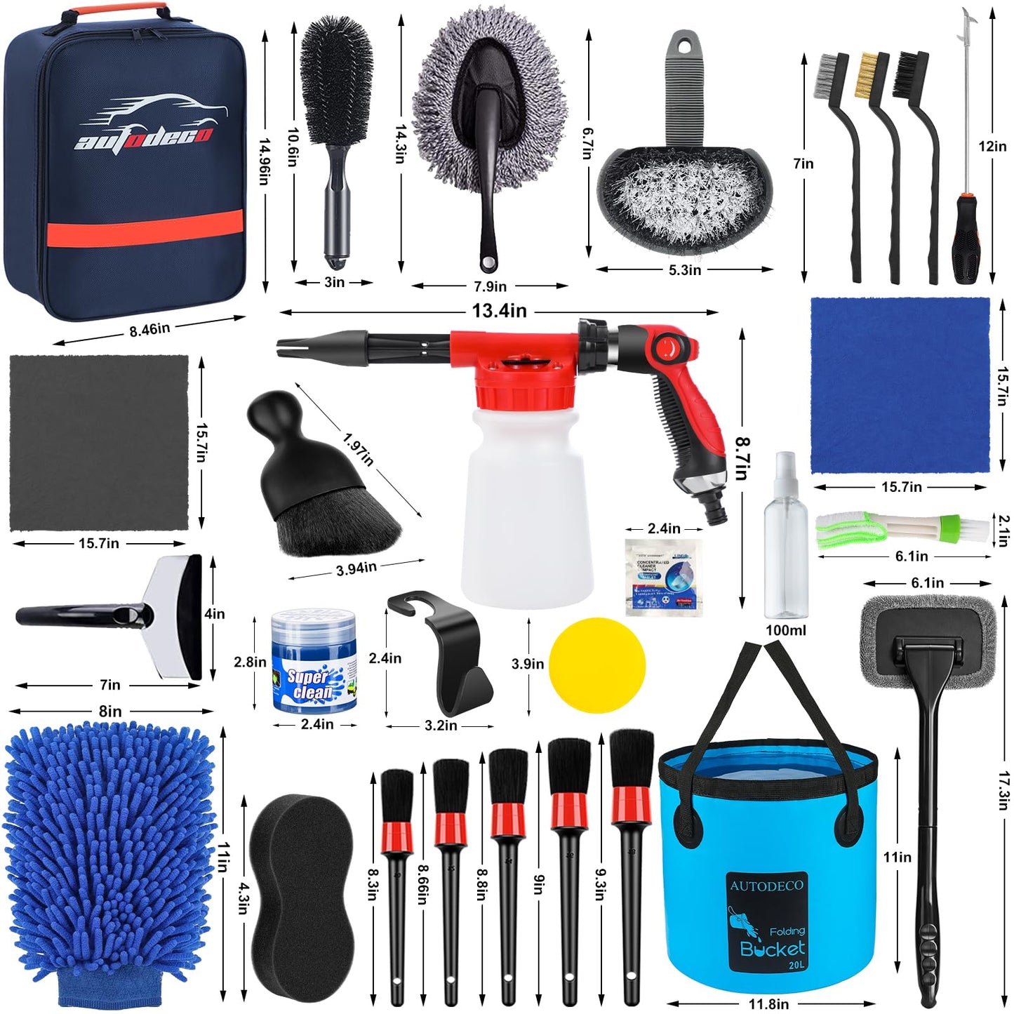 AUTODECO 42Pcs Car Wash Detailing Kit Cleaning Set with Foam Gun Sprayer, Long-Handle Brush, Collapsible Bucket, Large Wash Mitt, Towels, Complete Interior & Exterior Car Washing Supply Set (Blue)
