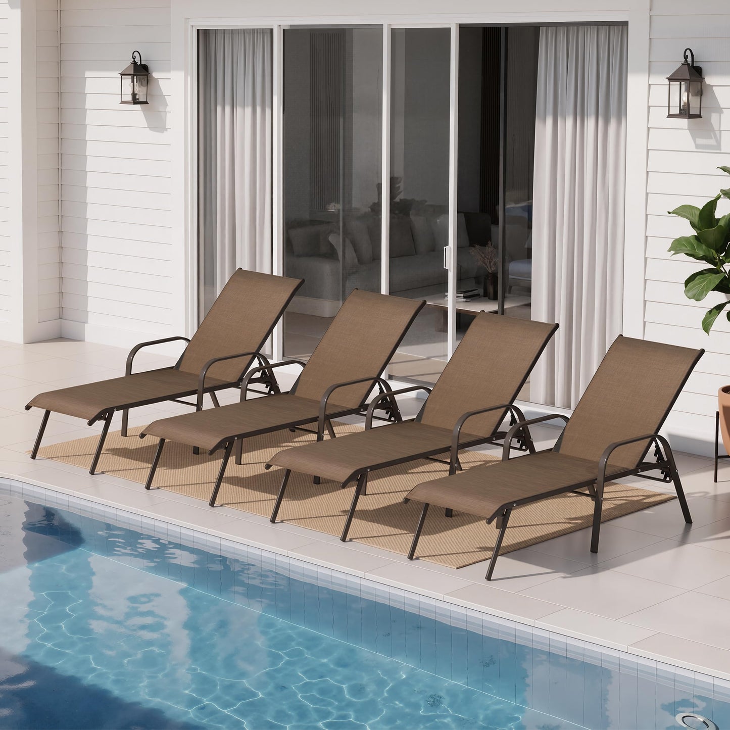 Crestlive Products Outdoor Chaise Lounge Chair, 5-Position Pool Lounge Chairs with Armrests Sunbathing Recliner for Patio, Beach, Deck, Yard (4PC Brown)