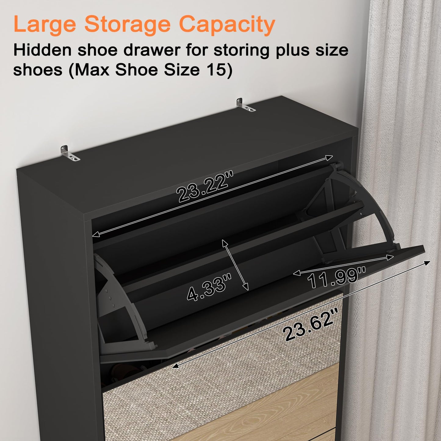 Organizedlife Shoe Storage Cabinet with Full Length Mirror, 30 Pairs & 5 Flip Drawer, Free Standing Shoe Rack Cabinet, Narrow Shoes Organizer for Front Door, Entryway (2-Shelf of Drawers, Black)