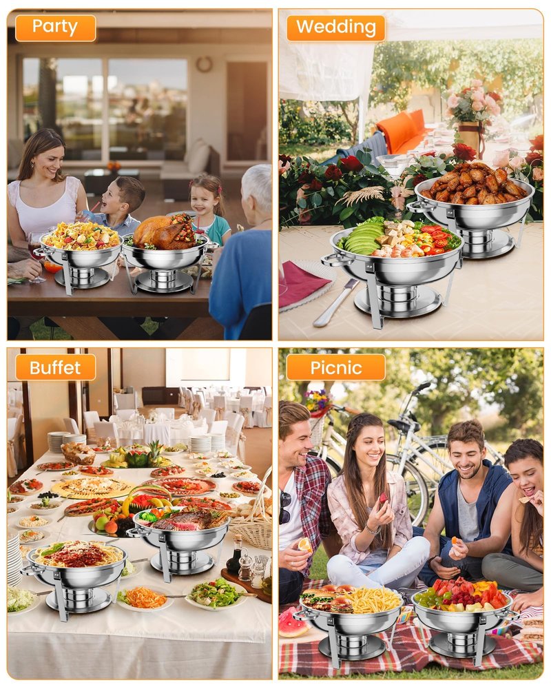 Chafing Dish Buffet Set 2 Pack, 5 QT Round Stainless Steel Chafer and Food Warmers with Food & Water Pan, Lid, Frame, Fuel Holder for Catering, Parties, Events, Wedding, Camping, Dinner