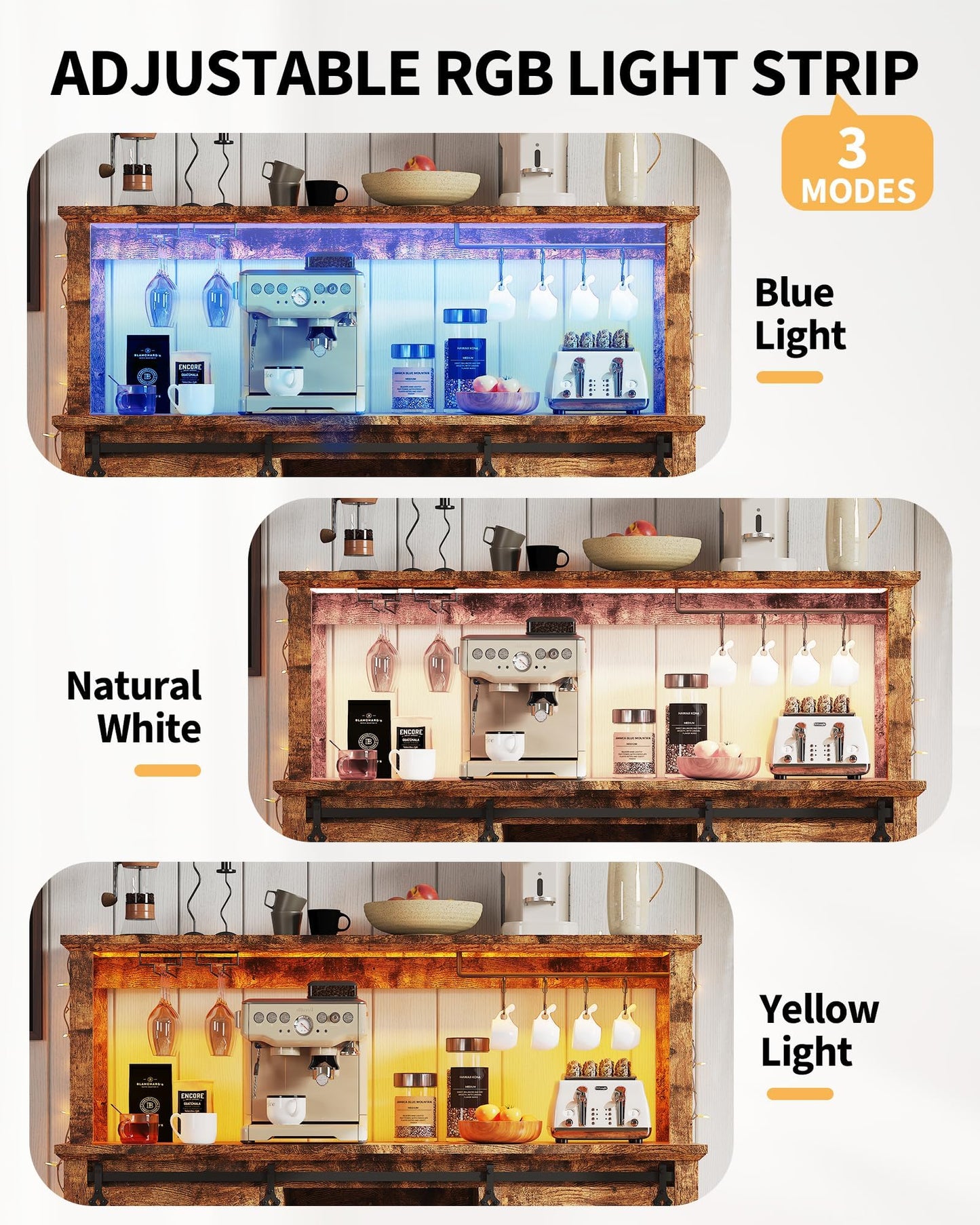 55 in Farmhouse Coffee Bar Cabinet with 3-Mode LED Light and Power Outlet - Large Kitchen Hutch with Sliding Barn Door - Wine Cabinets with Storage Drawers and Wine Glass Rack for Home and Living Rome