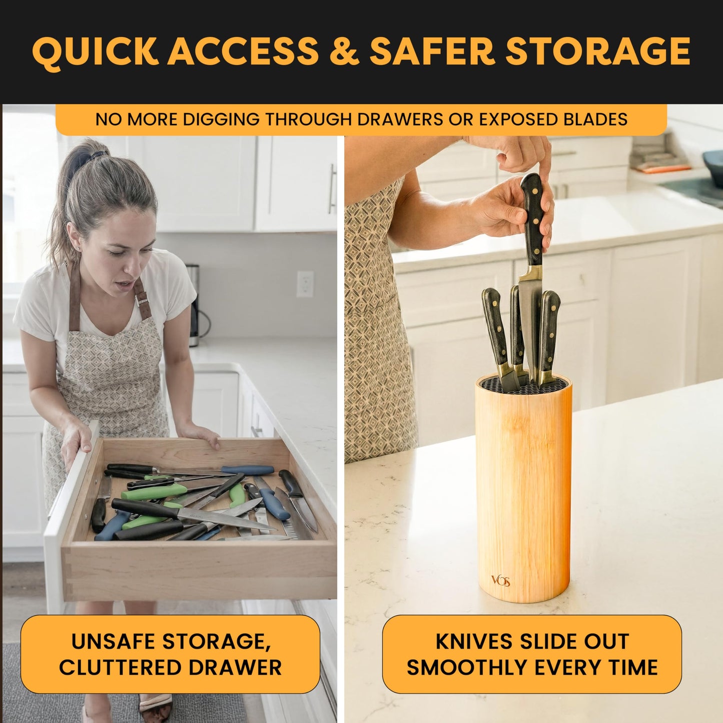Vos Universal Knife Block - Countertop Knife Block Without Knives - Knife Holder with Non-Slip Base Sturdy Knife Organizer - Space Saving Knife Stand, Sleek & Modern Knife Rack - Bamboo
