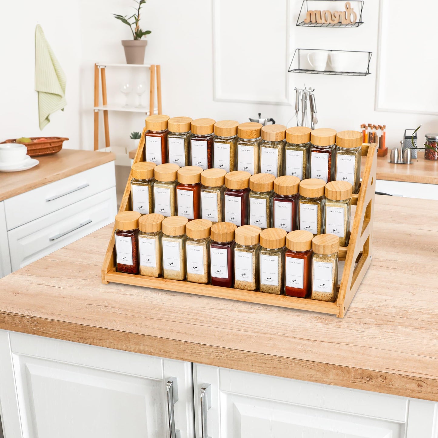 MNADSFKJ Spice Rack, Spice Organizer -3 Tier Bamboo Spice Racks, Solution for Spice Storage in Kitchens, Countertops,Storage Rooms and Other Places