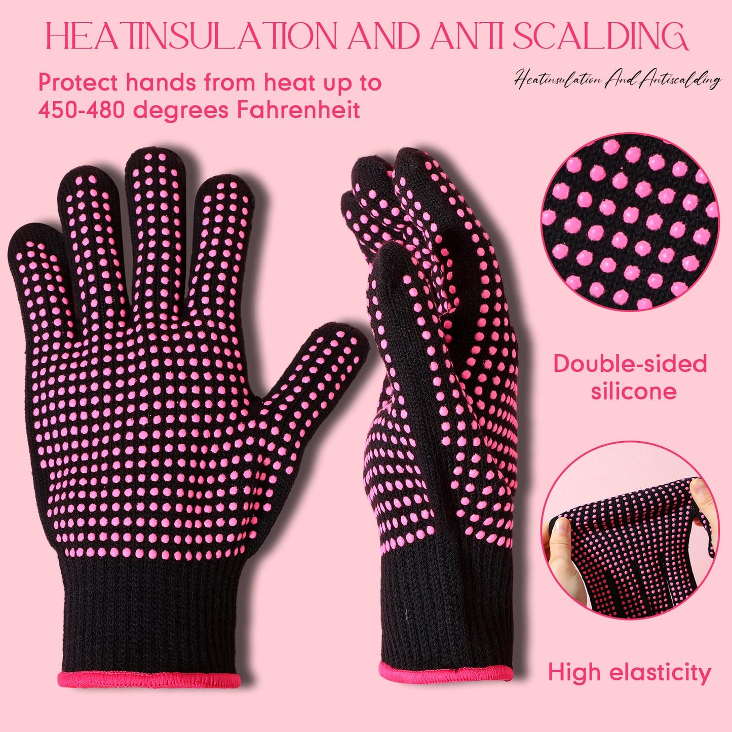 Riyiper 3 Pairs Heat Resistant Gloves for Sublimation, Gloves for Heat Press with Silicone Bumps Applies to Resistant Work, Hair Styling, Universal Fit Size (Pink)