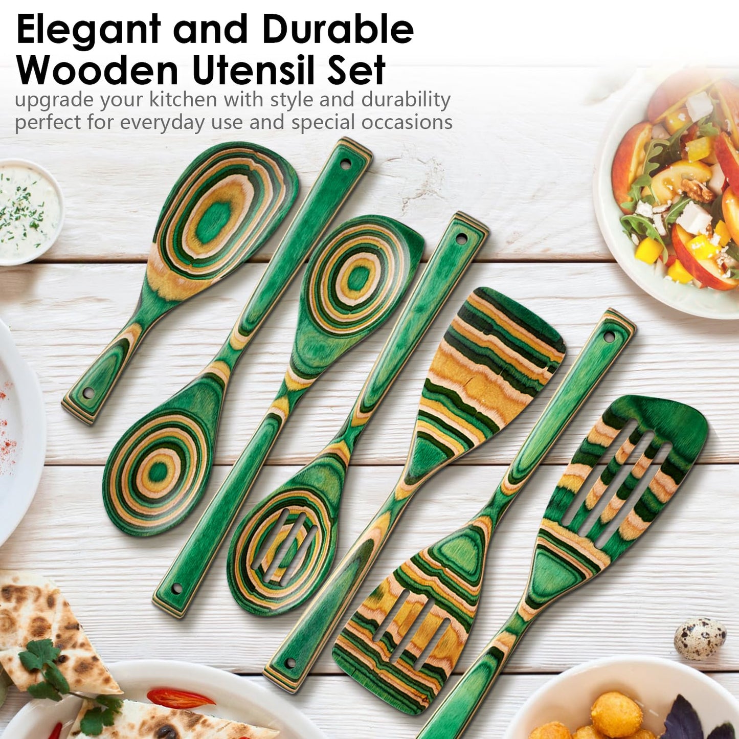 HOWHONG Wooden Spoons for Cooking, Pakkawood Kitchen Utensil Set Oasis Color, Premium Durable Wooden Utensils for Nonstick Cookware, Heat Resistant, Smooth Finish, Comfortable Grip, 7 Piece