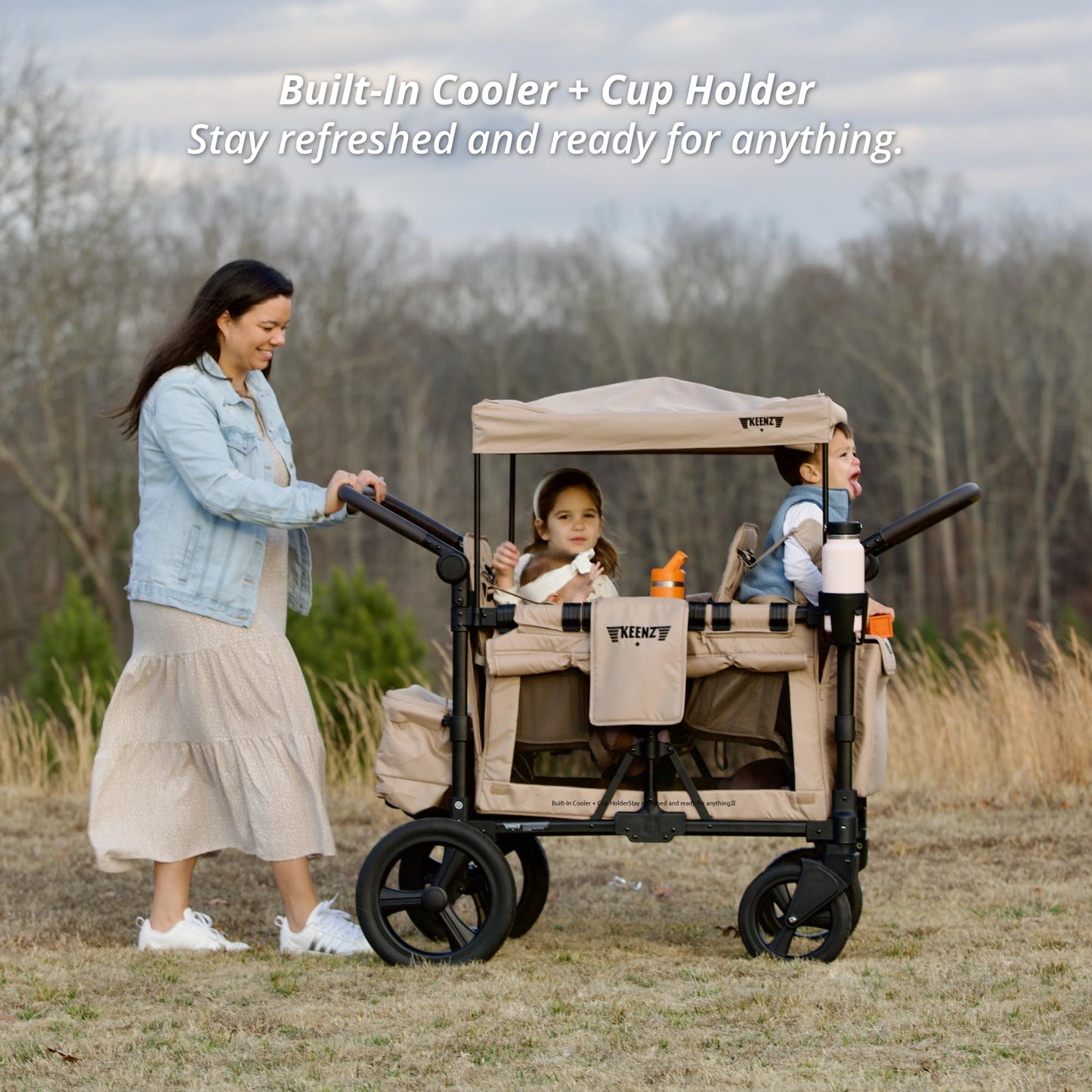 Keenz MOOV 2-Passenger All-Terrain Stroller Wagon with Reclining Seats, Cooler Bin, Push/Pull Handle, and Rubber Wheels – Foldable Wagon for Kids and Toddlers, Mocha