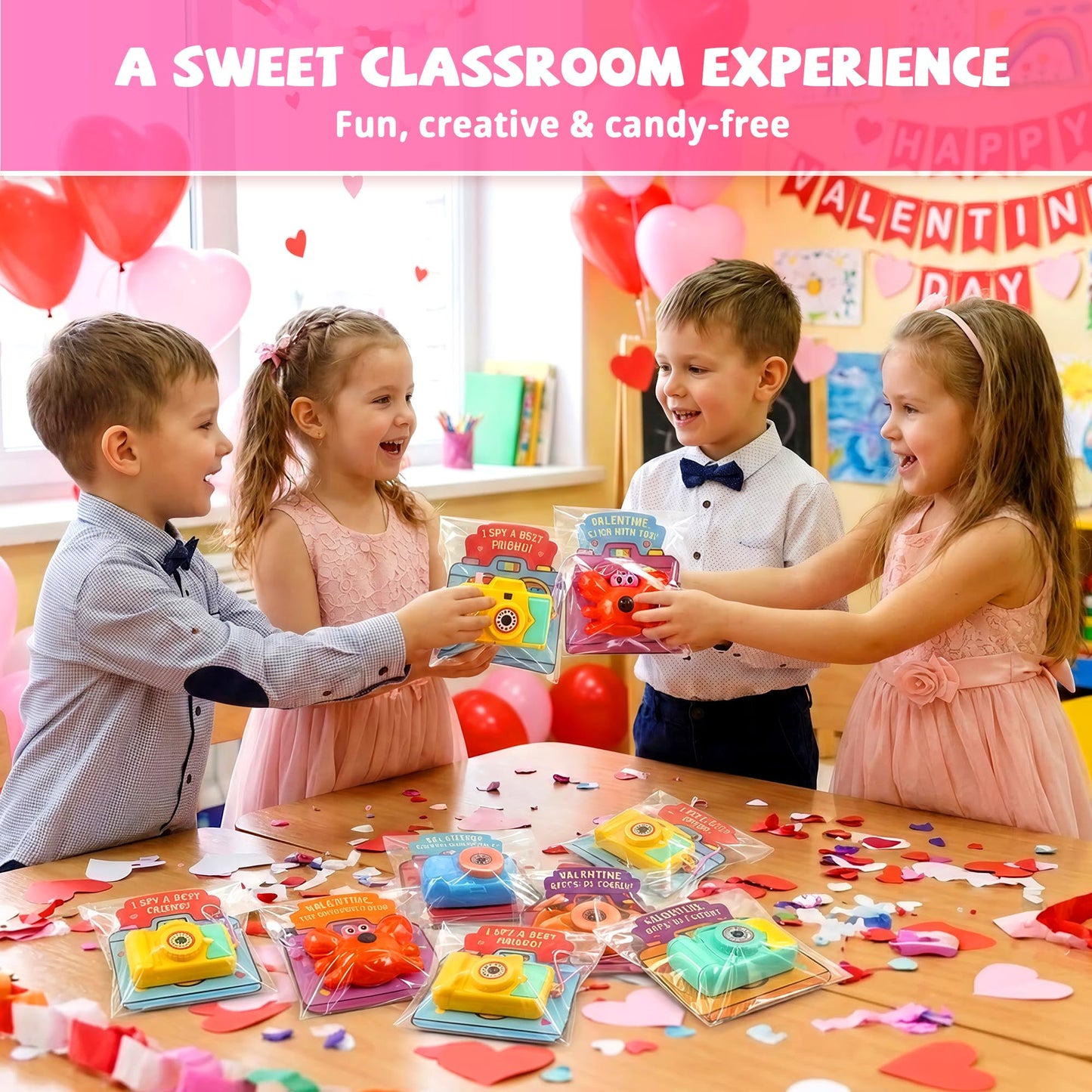 Valentines Day Cards for Kids School – 28 Pack Kids Viewfinder Toy Cameras with Greeting Cards, Classroom Exchange Valentine Gifts for Boys and Girls, Cards + Toys Bulk Set for School Valentine Party