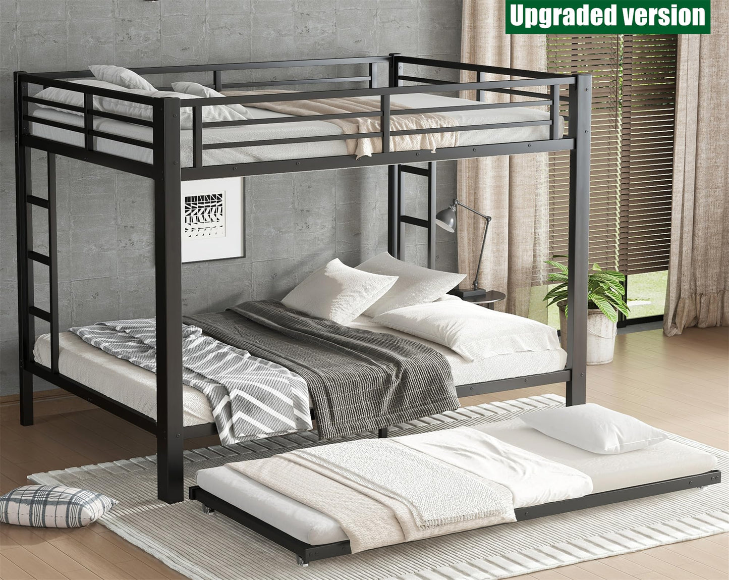 LEEKAF Stronger & Safer Heavy Duty Metal Queen Over Queen Size Bunk Bed for Adults Teens, Thickened More Stable Steel Bunkbed (Greater Weight Capacity) (Queen Over Queen with Trundle)