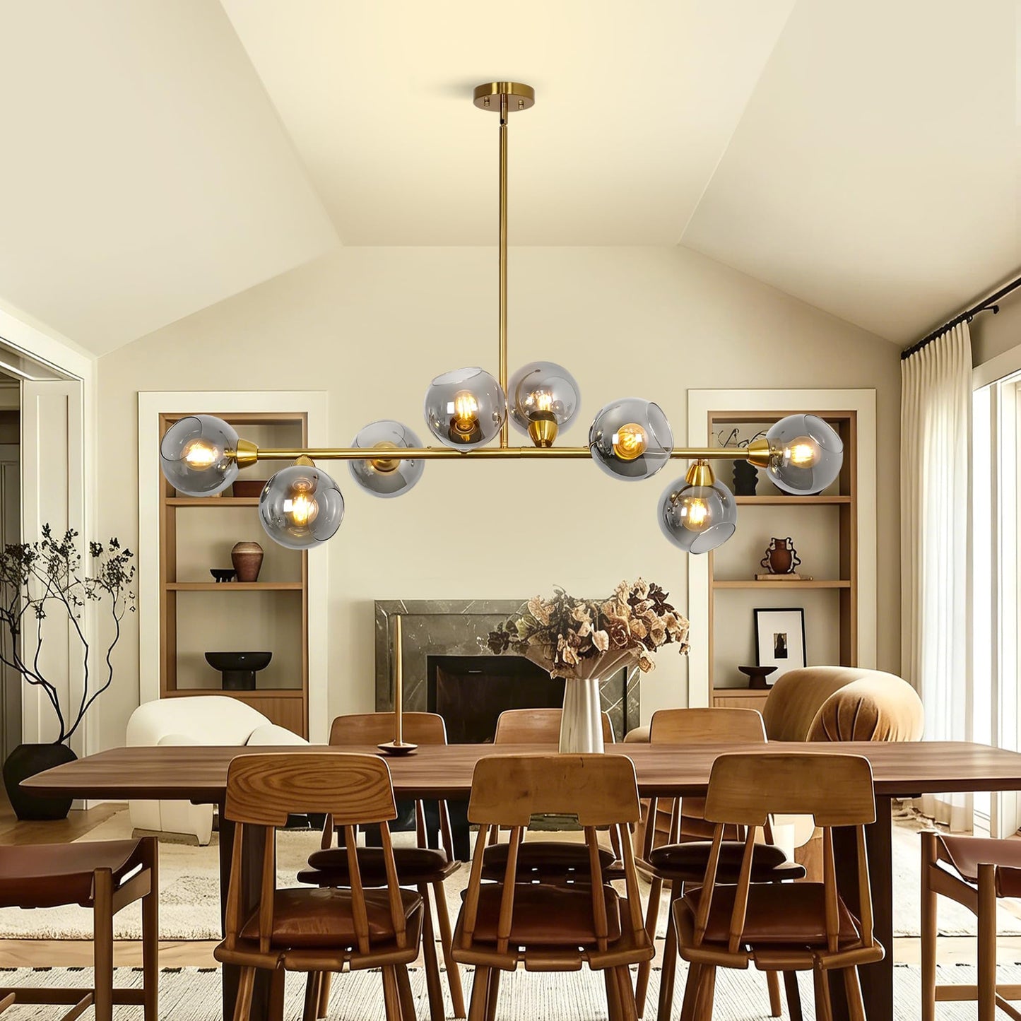 Lzawvm Linear Chandeliers for Dining Room 8-Lights Sputnik Pendant Lights Kitchen Island Mid Century Modern Smoky Glass Chandelier 50 Inch Farmhouse Dining Light
