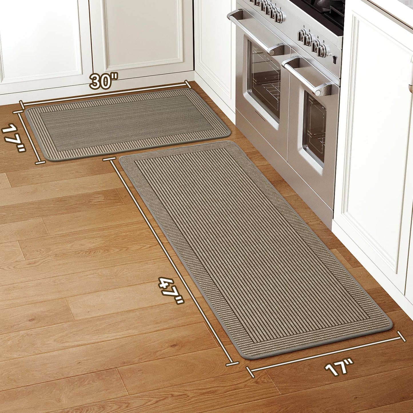 QiCaiJia Kitchen Rugs Set of 2,Kitchen Mats for Floor, Runner Rugs Non Slip Washable Absorbent Kitchen Floor Mat, Braided Kitchen Sink Rug, 17''x30''+17''x47'' Brown