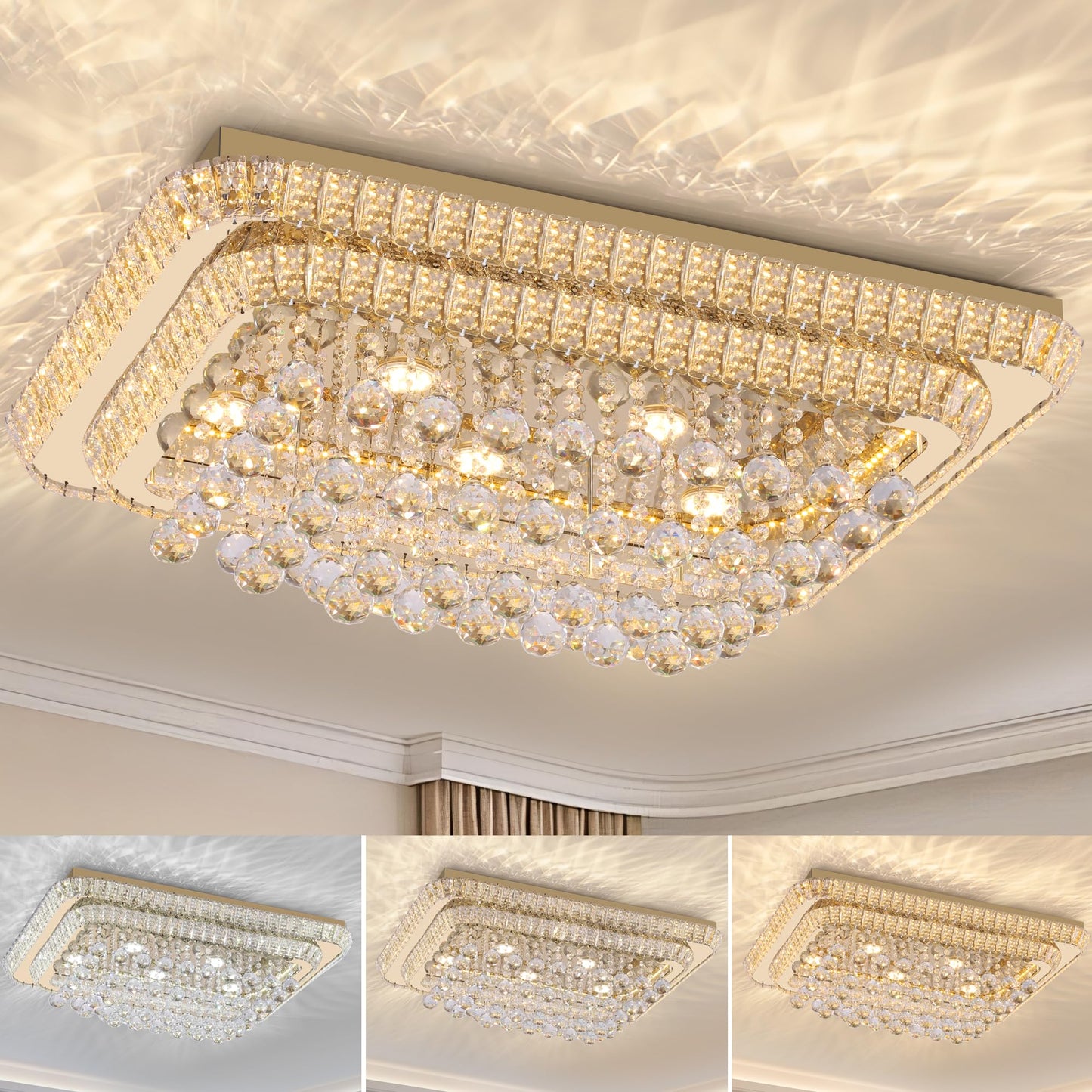 32 inch Crystal Flush Mount Chandelier, Modern Raindrop Crystal Gold Chandeliers with Remote and APP, 3 Colors Temp & Brightness Adjustable, Ceiling Light for Bedroom Hallway DiningRoom Living Room