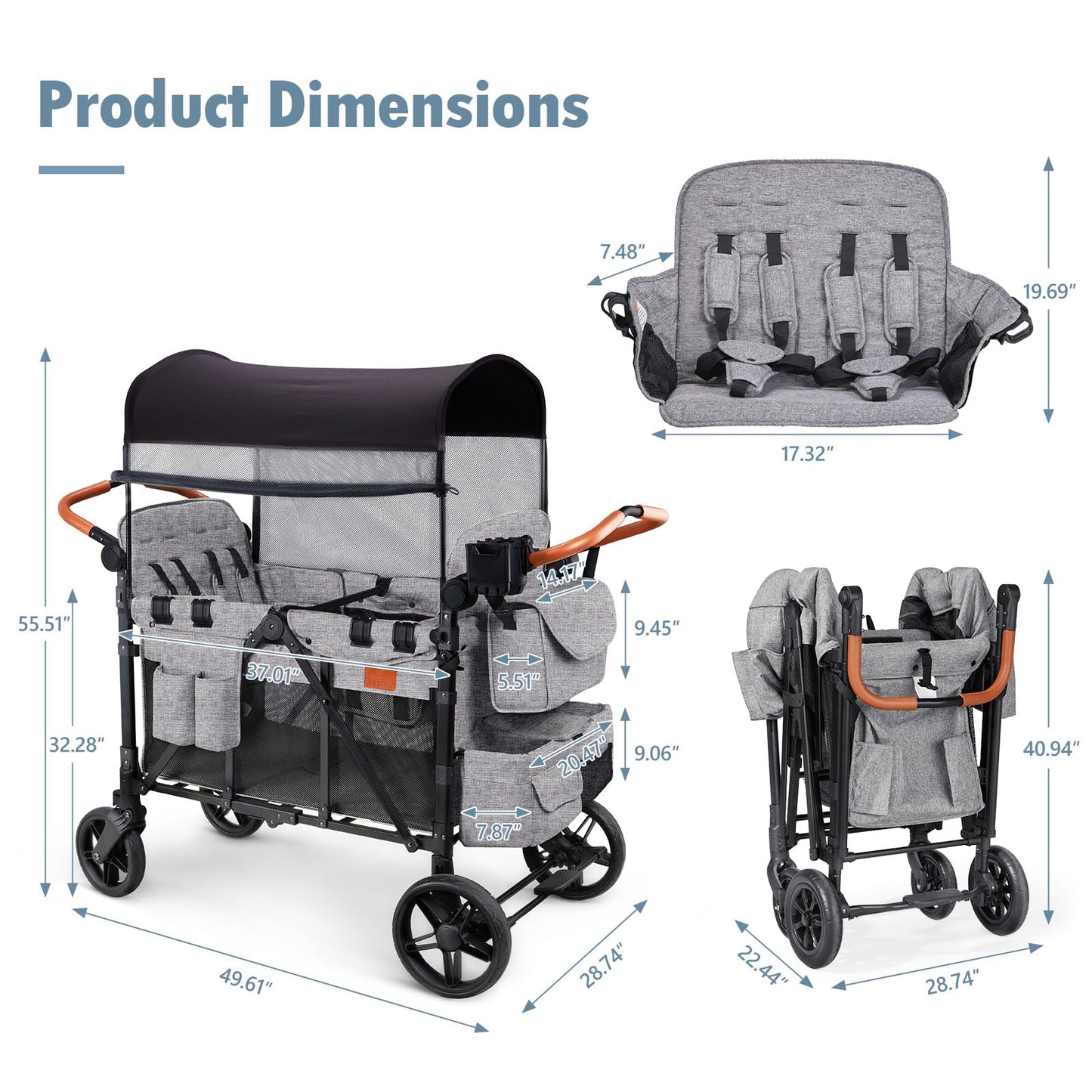 ZTDM Wagon Stroller for 4 Kids, All-Terrain Wagon for Toddler with Canopy, Parent Organizer, Shoulder Bag, Adjustable Handlebar, Phone Holder, High Seat & 5 Point Harness, Ultimate Quad (Gray)
