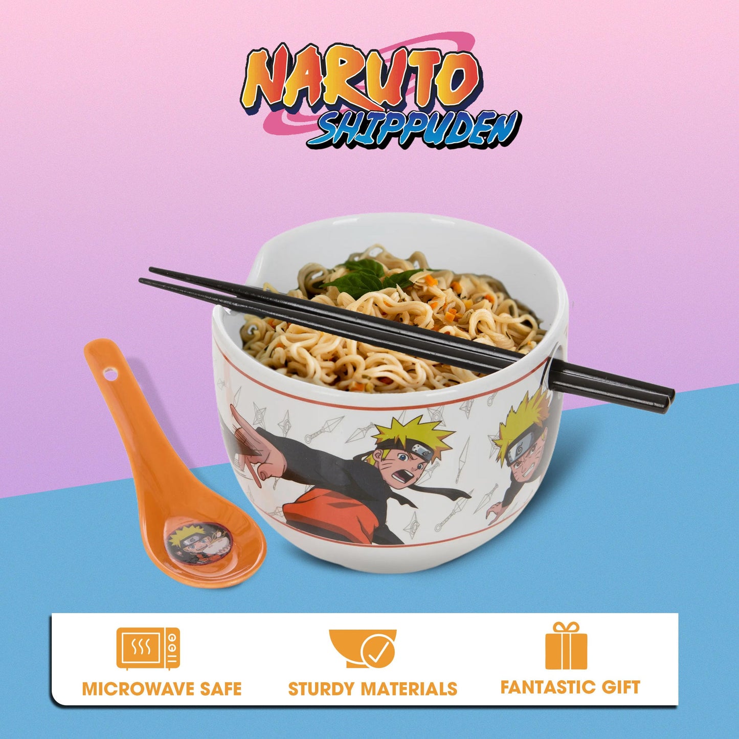 Culture Fly Naruto Ramen Bowl Set with Chopsticks and Spoon, 20 oz Ceramic Microwave Instant Noodle Bowls with Chopsticks, Ramen Noodle Bowl, Rice Bowl Anime Gifts for Men