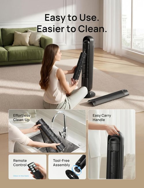 DREO Bladeless Tower Fan - Ultra Quiet 20dB with 8 Speeds & 90ยฐ Oscillation | High Velocity 28ft/s, Remote Control, Black