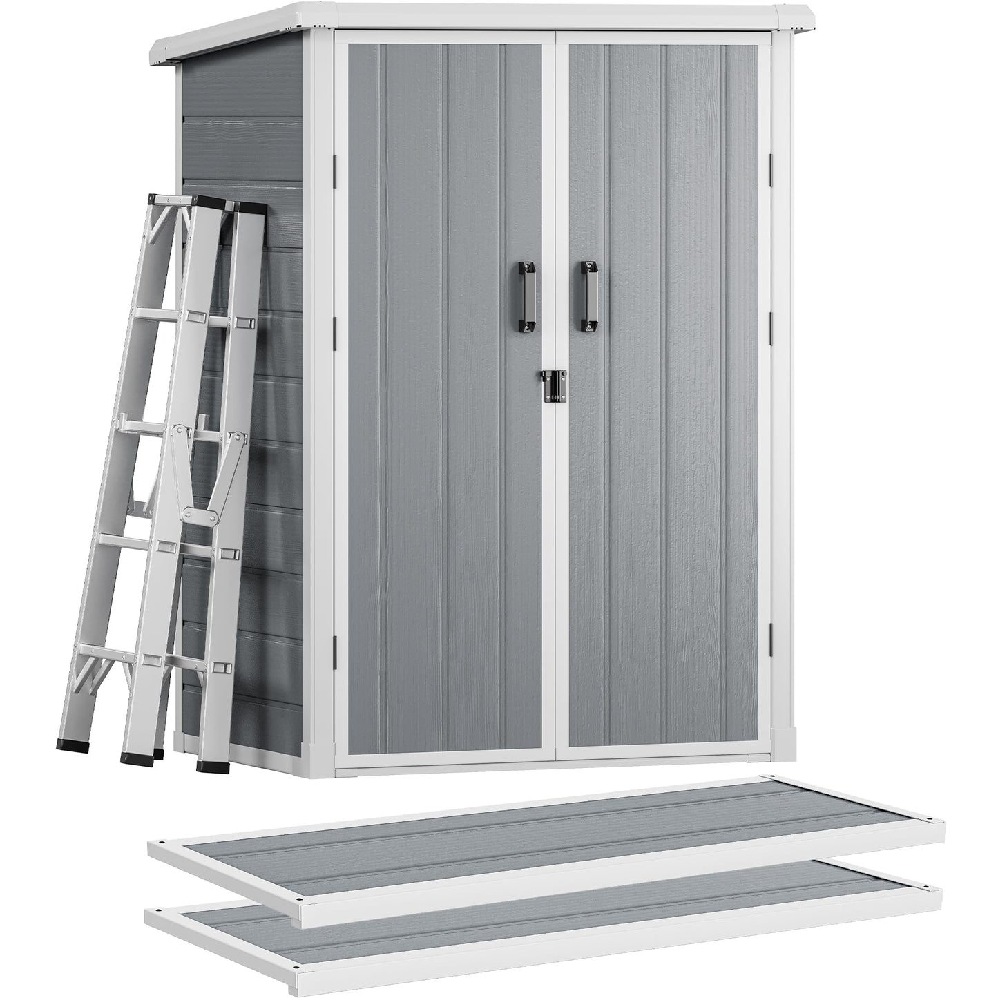 DWVO Outdoor Tall Storage Shed 60 Cuft with 2 Shelves, 5X3FT Vertical Tool Shed with Floor & Lockable Doors, Sturdy Double-Wall Plastic Cabinet for Garbage Cans and Garden Storage