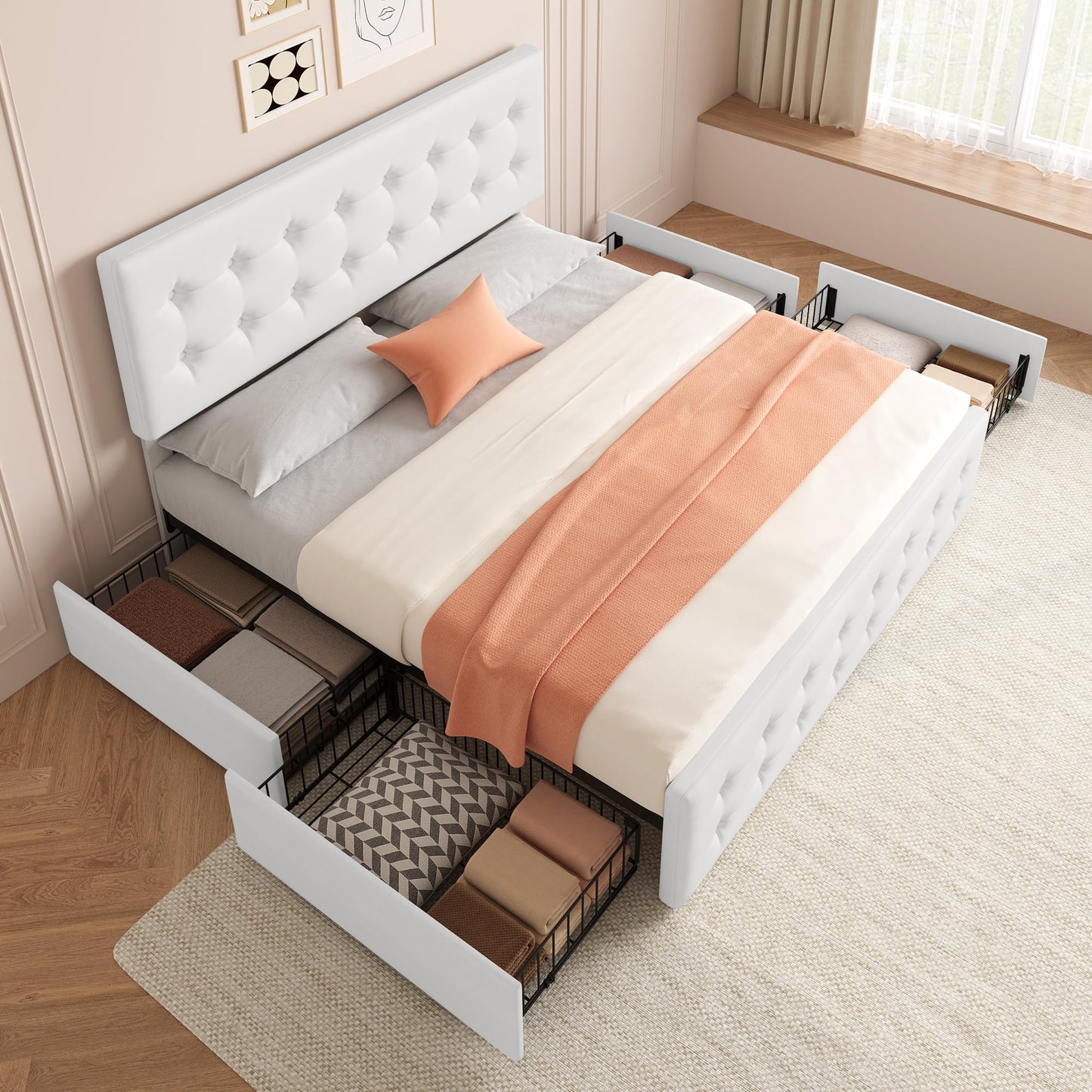 GAOMON King Size Bed Frame with 4 Storage Drawers and Headboard, Faux Leather Upholstered Platform Bed Frame with Wooden Slats Support, Button Tufted Design, No Box Spring Needed, White