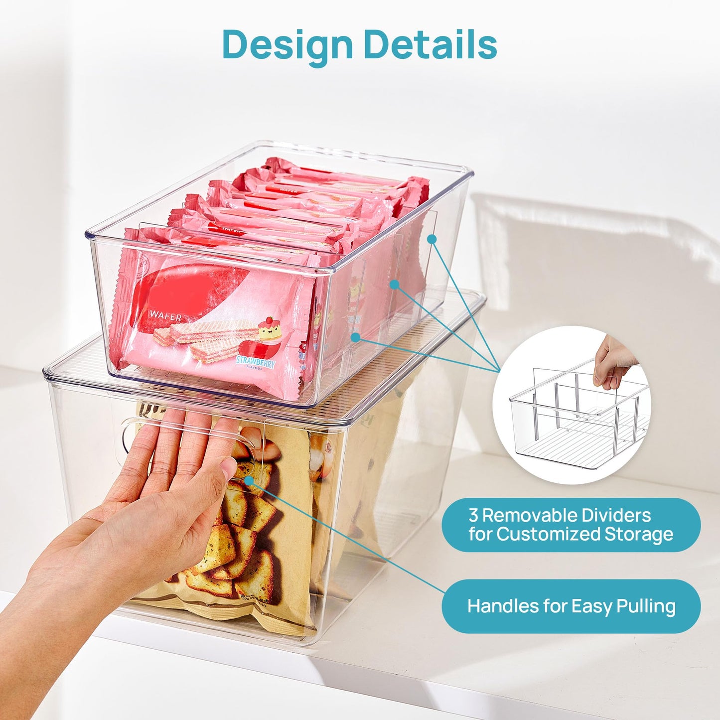Vtopmart 8 Pack Clear Plastic Storage Bins Set, 4 Large Pantry Organizer Bins with Lids & Handles and 4 Medium Snack Organizer Bins with 4-Compartment for Pantry, Kitchen, Fridge, Cabinet Organization