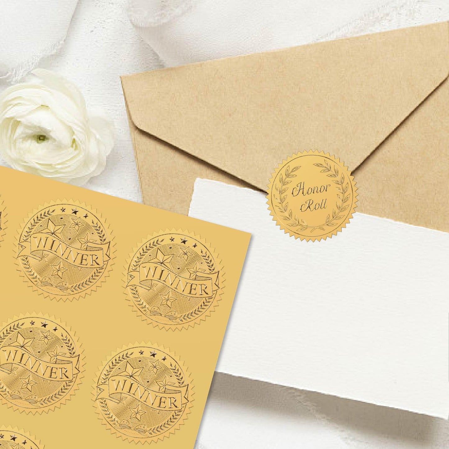 CRASPIRE 408pcs 2 Inch Winner Gold Foil Stickers Word Star Gold Embossed Gold Certificate Seals Self Adhesive Waterproof Round Dot Medal Decoration Label for Gift Packaging Envelope Card Seal