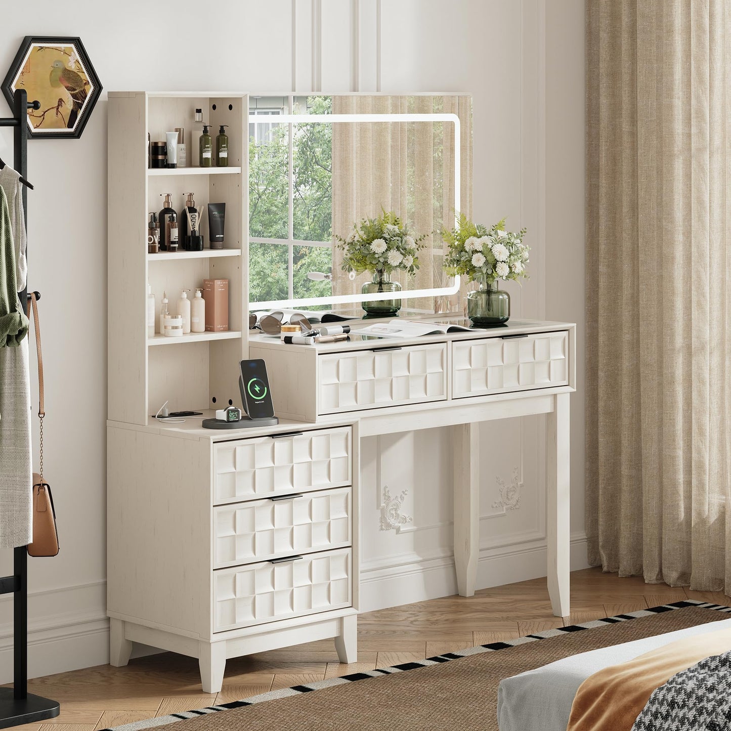 MALOL Vanity Desk, Checkerboard Wood 50" Dressing Table with 5 Drawers & 4 Storage Shelves, Large Glass Top Makeup Vanity with Built-in Power Strip with USB & Type-C, White Wood