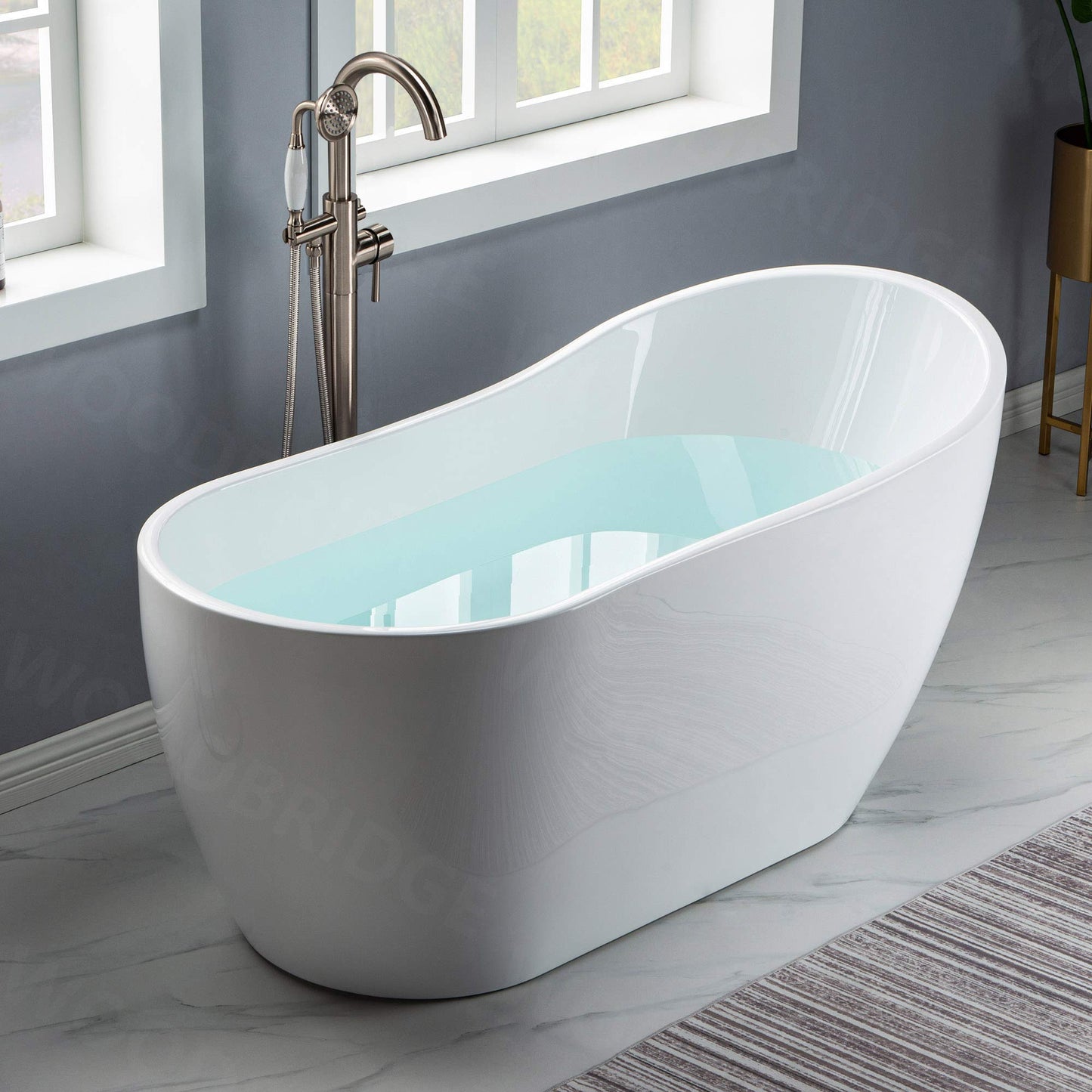 WOODBRIDGE 59" Acrylic Freestanding Bathtub Contemporary Soaking White Tub with Brushed Nickel Overflow and Drain,B-1530 -B/N-Drain &O