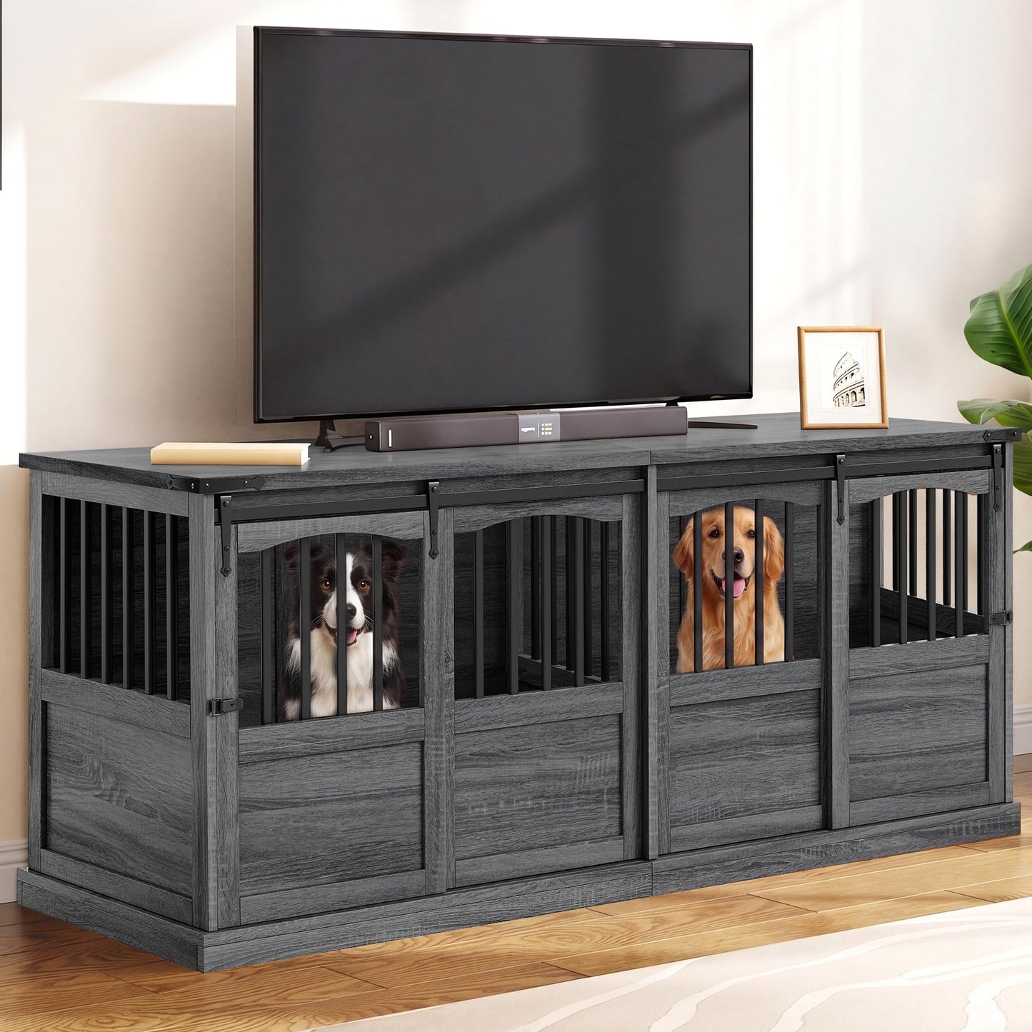 Homiflex 72" Double Dog Crate Furniture for 2 Medium Large Dogs Wooden Heavy Duty Dog Kennel Furniture with 2 Sliding Doors and Divider Decorative Dog Cage TV Stand End Table for Indoor, Grey