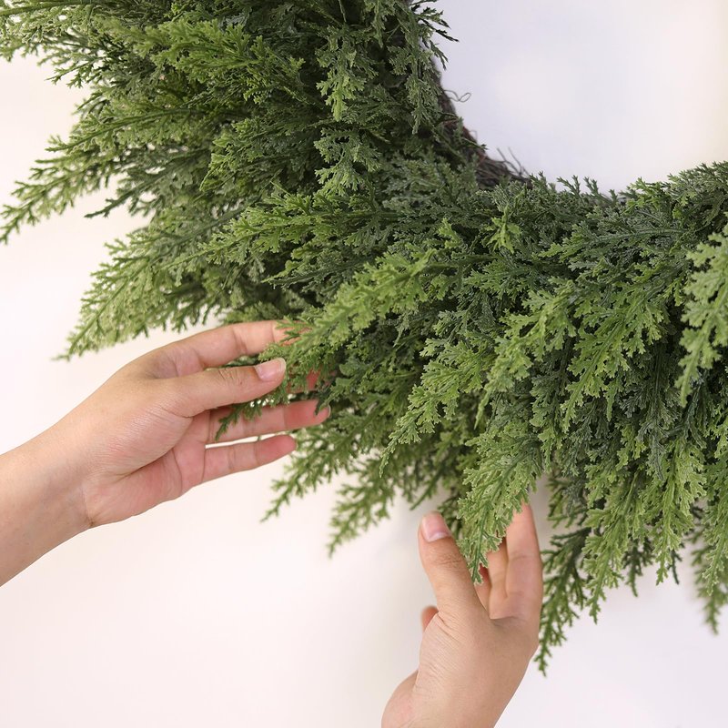 24" Soft Textured Christmas Cedar Wreath - Artificial Cedar Wreaths Faux Green Fake Pine Needles Wreath for Front Door, Wall, Windows, Home,Outdoor,Xmas Decor