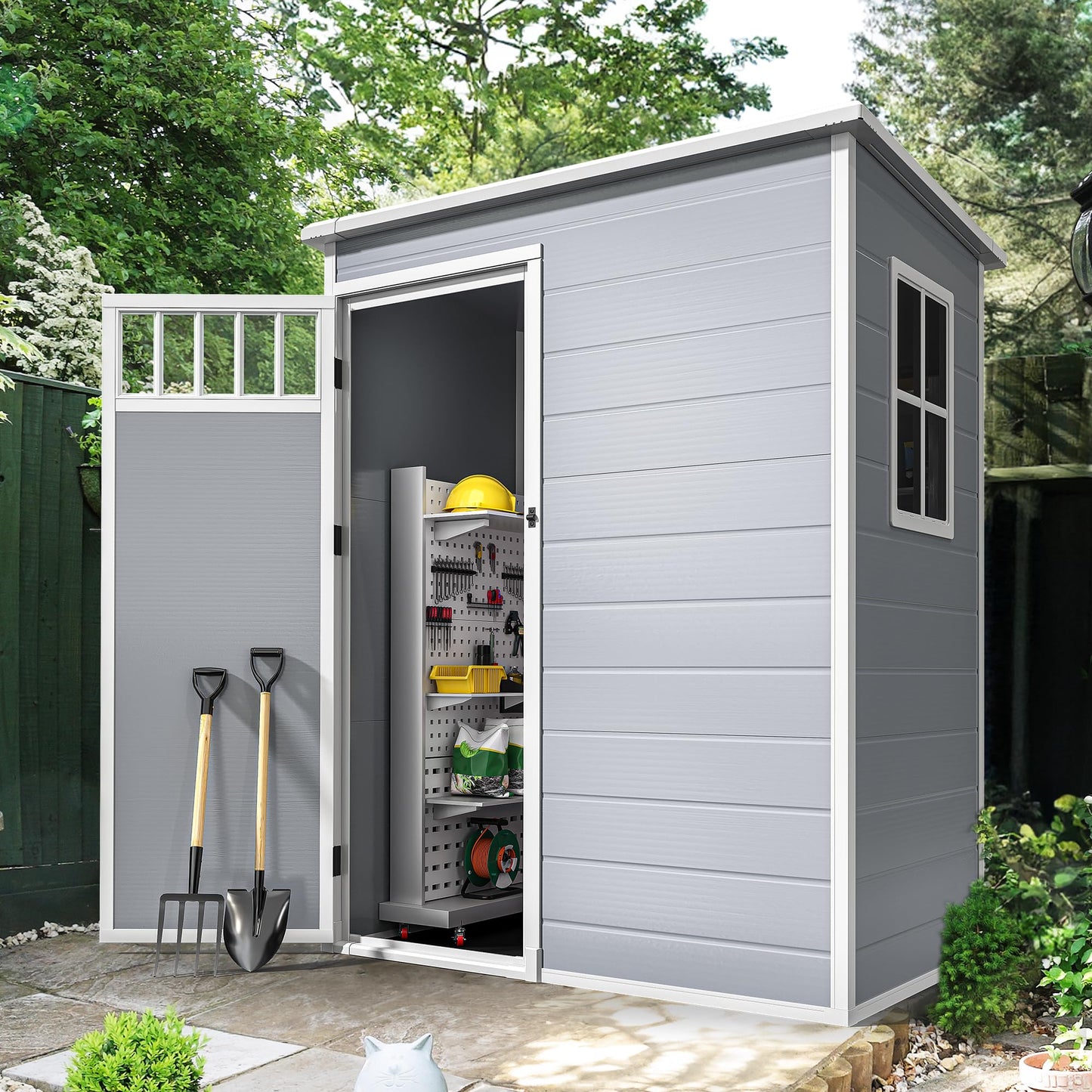 DWVO 5x3FT Outdoor Storage Shed with Fence-Style and Side Windows, Floor & Lockable Doors, Plastic Storage Shed for Backyard and Garden, Gray