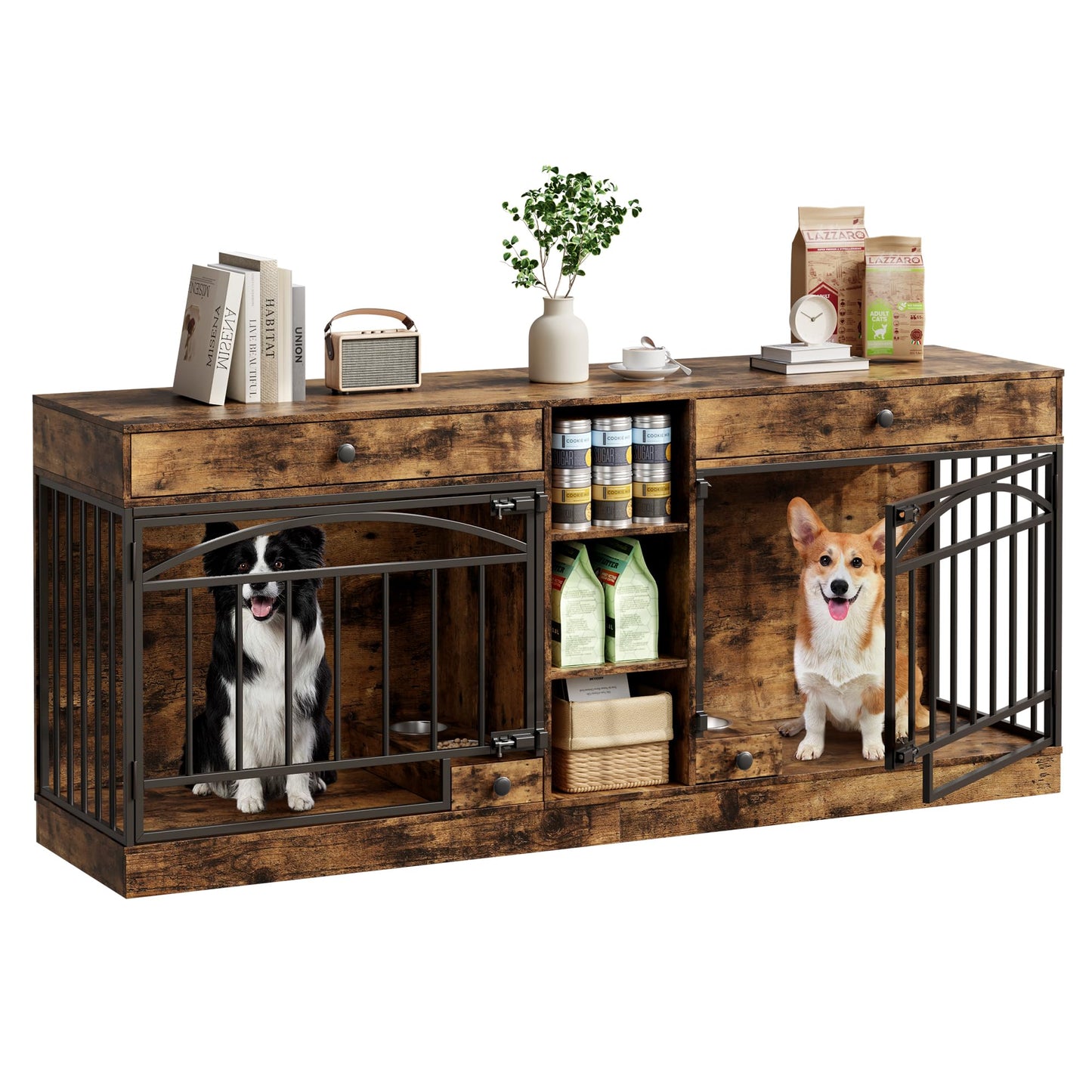 GarveeHome Dog Crate Furniture for 2 Dogs, Dog Kennel Indoor with Storage and Feeding Bowls, Double Dog Crate TV Stand for Small Medium Dogs, Brown