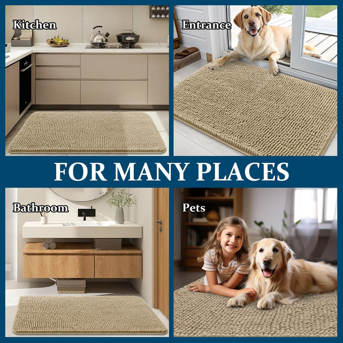 OLANLY Dog Door Mat - Absorbent Non-Slip Chenille Mat for Muddy Paws | 59x35 Inches, Beige