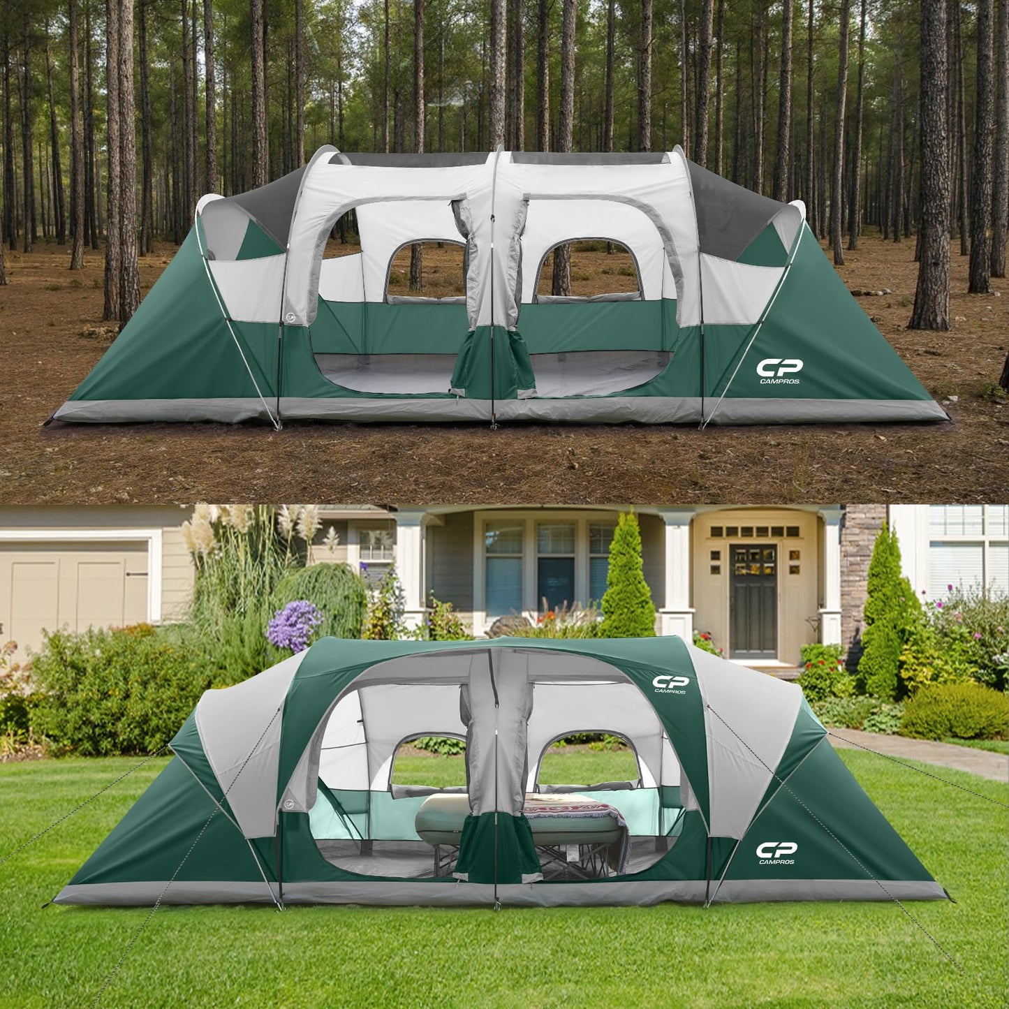 CAMPROS CP Tent 12-Person-Camping-Tents,3 Room Family Tents,Waterproof Windproof Family Tent with Top Rainfly,6 Large Mesh Windows,Double Layer,Easy Set Up, Portable with Carry Bag-20' x 9' x 72"(H)