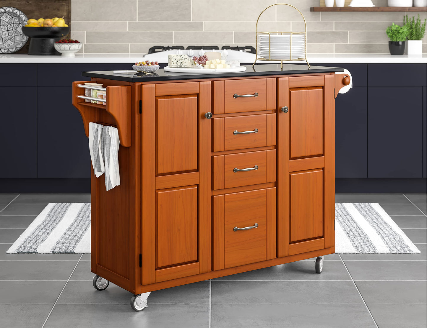 Home Styles Create-a-Cart Cottage Oak Kitchen Cart with Black Granite Top, with Solid Wood Construction, Adjustable Shelves, Towel Bar, Locking Casters, and Spice Rack