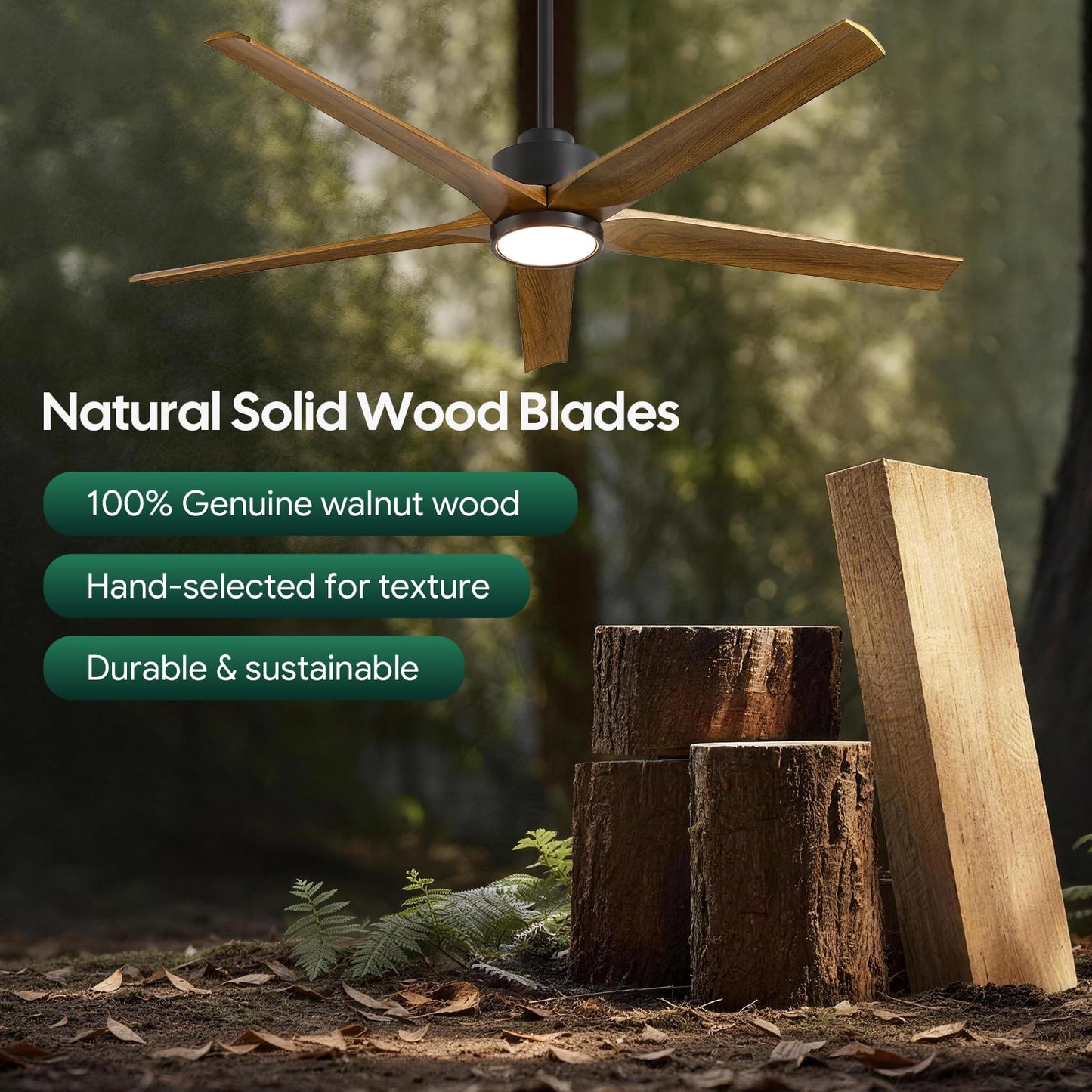 52 Inch Smart Outdoor Ceiling Fan with Light, Alexa/App/Remote Control, 5 Walnut Solid Wood Blades, Modern Farmhouse, Quiet Energy Efficient DC Motor, Damp Rated for Patio Porch Indoor Living Room