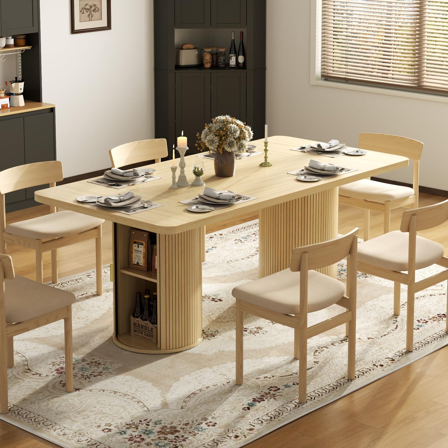 Gyfimoie 79" Dining Table for 8 to 10 People,Farmhouse Kitchen Dining Room Table with 2 Fluted Wood Strip Base & Slide Door,Mid Century Modern Dinner Table Furniture for Living Room,Kitchen,Natural