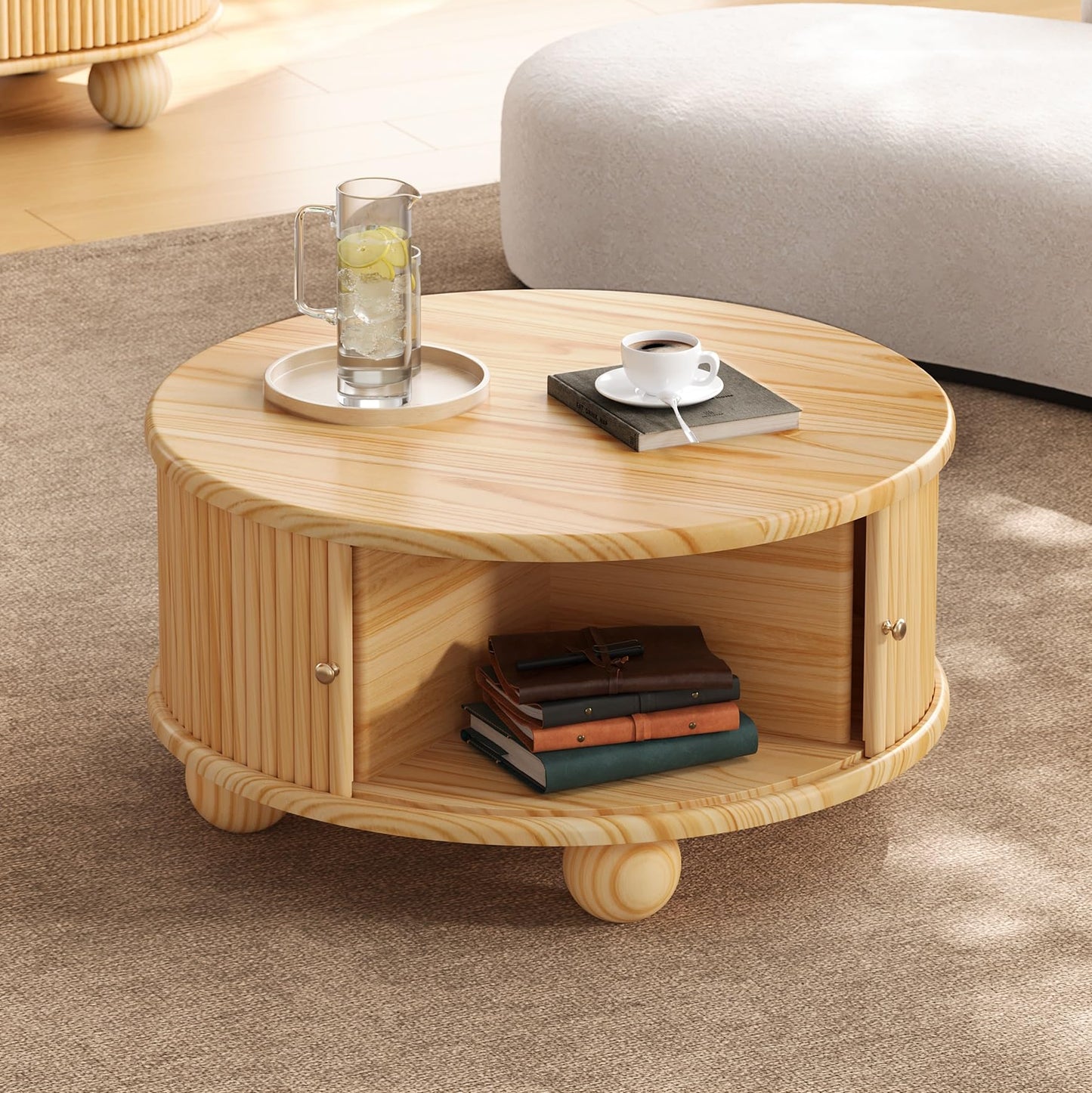 Merax Modern Round Fluted Coffee Table with Storage & Sliding Door – 31.8" Solid Pine Wood Center Table – Living Room Cocktail Table with Hidden Compartment, Natural
