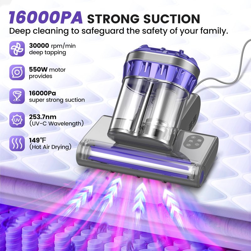 Yassol Mattress Vacuum Cleaner, Handheld Bed Vacuum Cleaner with 16Kpa Suction, 253.7nm UV-C Light, 149℉ Hot Air, Double-Cup Handheld Vacuums for Bed, Sofa, Couch, Crib (Corded, 550W)