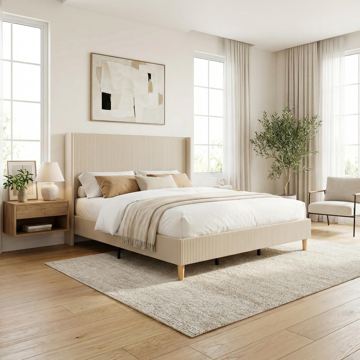 IDEALHOUSE King Size Upholstered Bed Frame with Channel Tufted Wingback Headboard, Wooden Slat Support, Noise-Minimizing Design, No Box Spring Needed, Beige