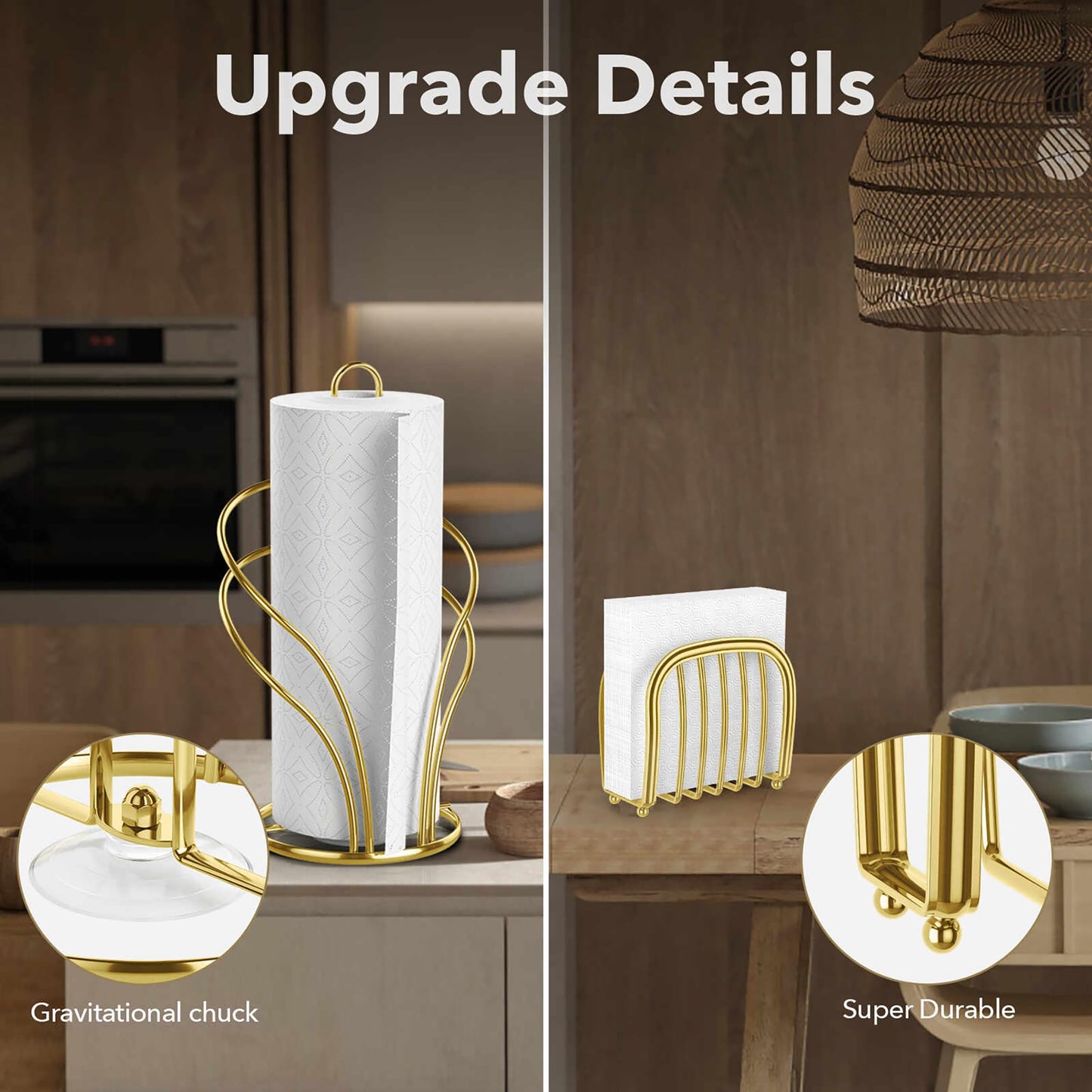 Paper Towel Holder Countertop, Stainless Steel Paper Towel Roll Holder and Paper Napkinholder Set, Standing Paper Towel Roll Holder Stand with Weighted Base Suction Cups (Gold)