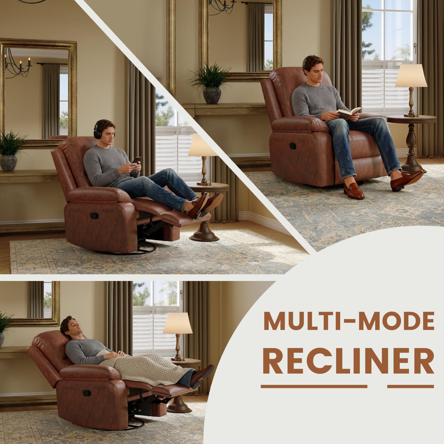 Attalee Leather Swivel Rocker Recliner Chair, Traditional Manual Chair, Upholstered Nursery Glider Rocking Recliner, Comfy Faux Leather Single Sofa with Pocket Spring for Living Room, Camel