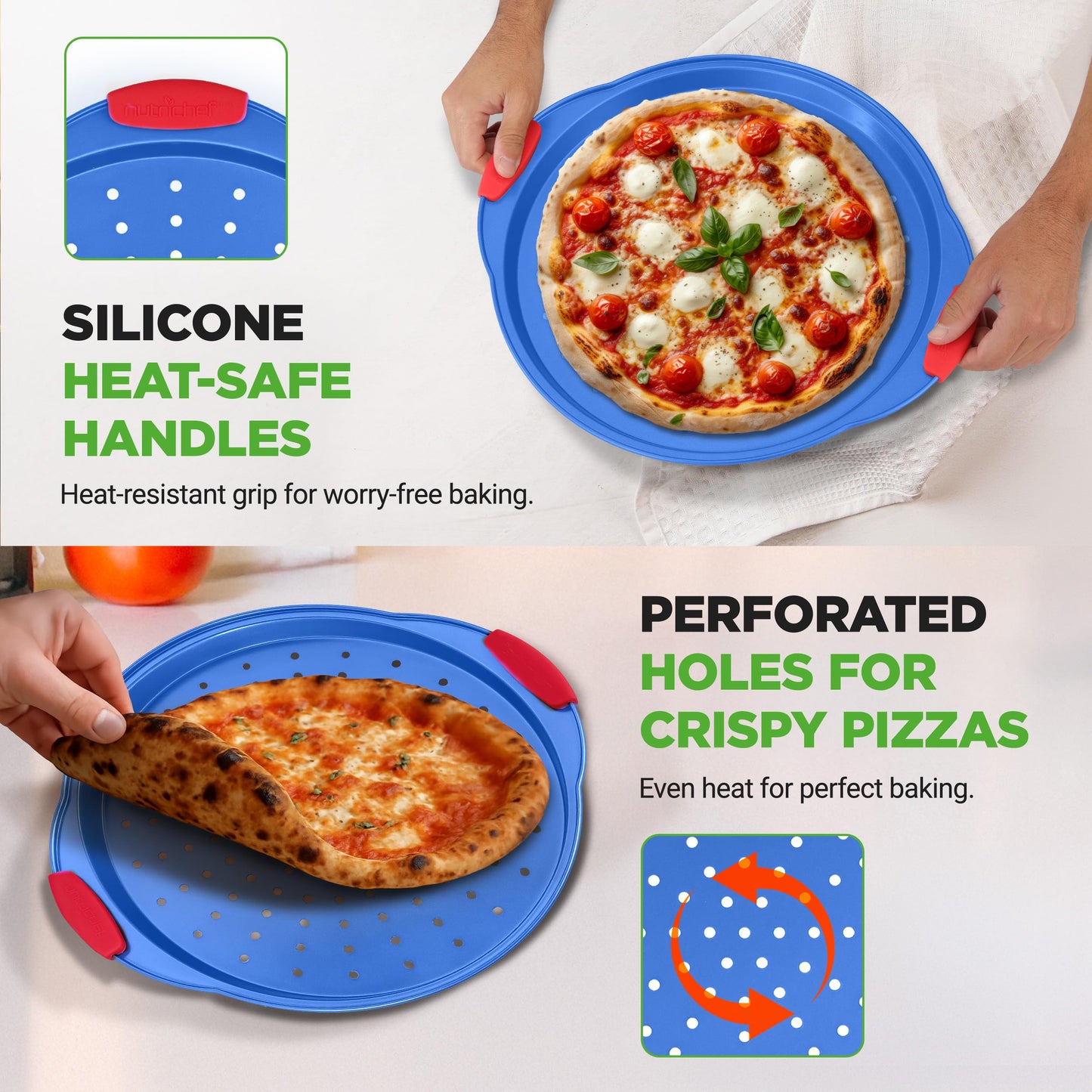 NutriChef 13-Inch Nonstick Pizza Tray - Round Carbon Steel Non-Stick Pizza Baking Pan with Perforated Holes, Premium Bakeware Pizza Screen with Silicone Grip Handles, Dishwasher Safe - Blue