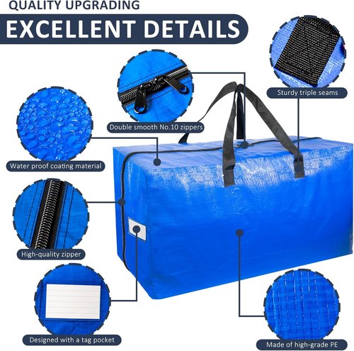 Extra Large Moving Bags - 6 Pack Heavy Duty Storage Totes with Strong Handles & Smooth Zipper
