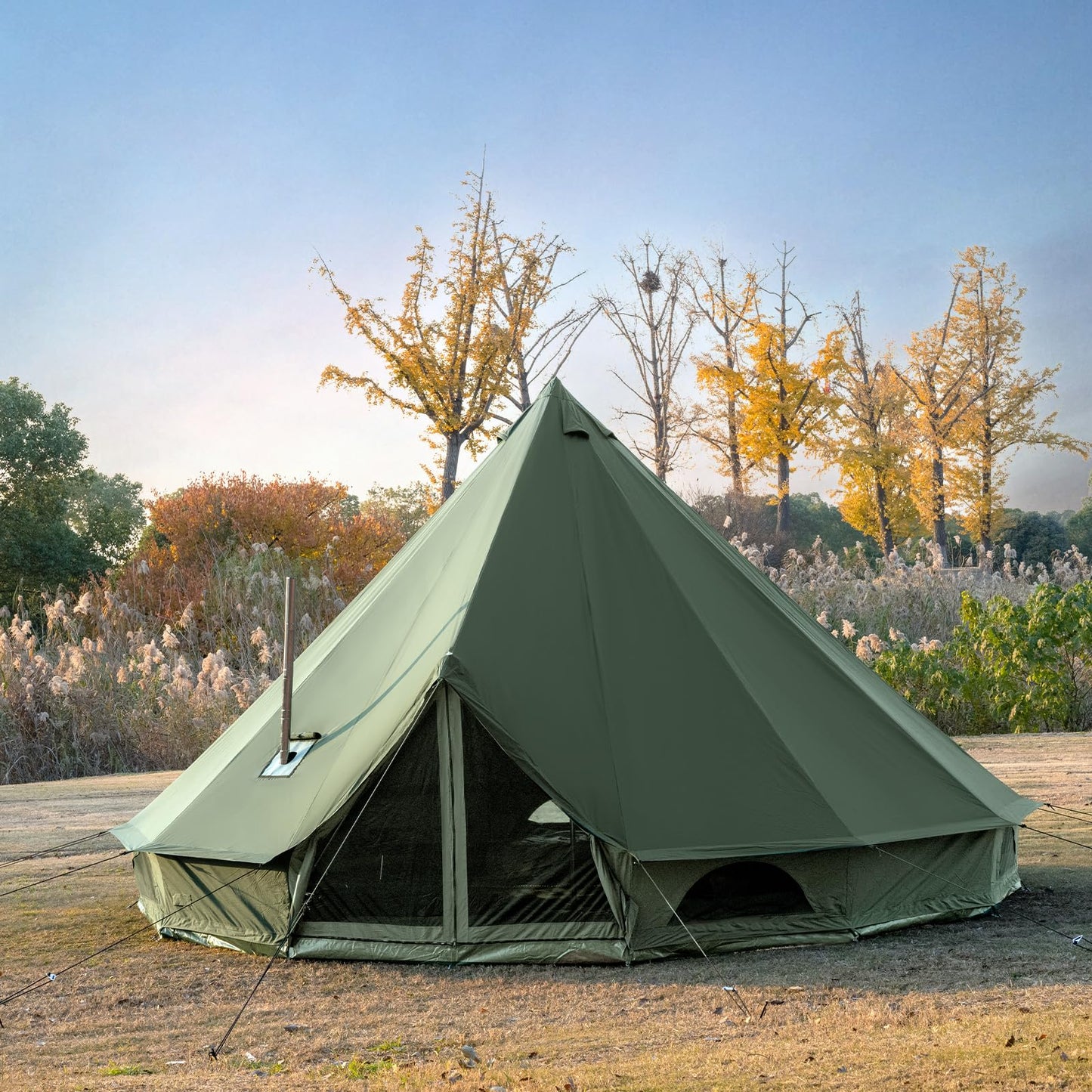 WaldZimmer Canvas Bell Tent 19.7ft Green with Stove Jack and Zipped Removable Floor, Luxury Outdoor Glamping Yurt Cotton Tent for Family Truck Car Camping Hunting Party